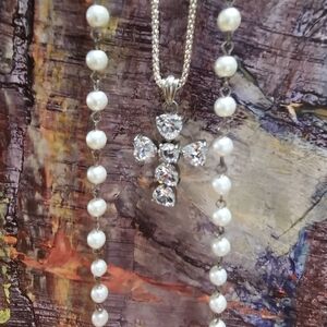 Elegant Pearl and Silver Cross Necklace